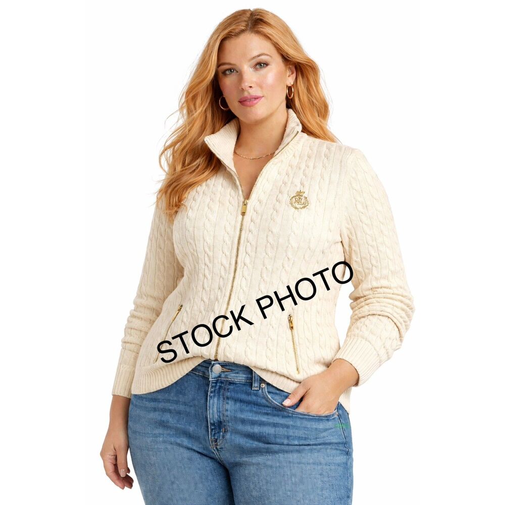 Lauren Ralph Lauren Cable Knit Full Zip Sweater Cardigan Cream Ivory XXL Crest